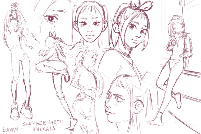 A doodle page as I try to figure out how I want to revamp an old oc, she's part of a magical girl duo called Slumber Party Animals, honestly my biggest struggle might be deciding how mean I want her to be 