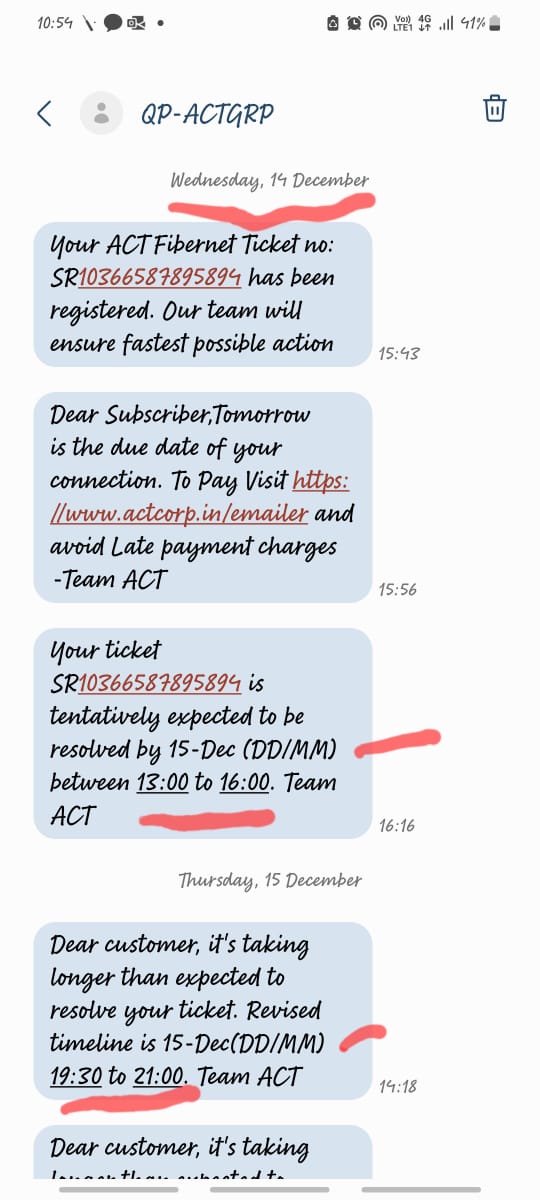 divyanatarajan9's tweet photo. @ACTFibernet ACT seems to have an excellently coded bot, which auto updates ETA at set intervals.Just check the dates and all we have are auto updates.. #ACTsucks @p_jyrm https://t.co/Lgo0uHvALs