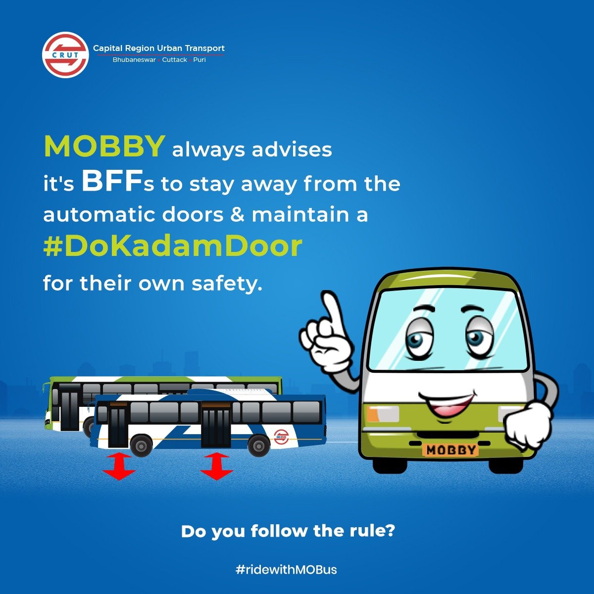 CRUT_BBSR's tweet photo. #DoKadamDoor

After boarding #MoBus, let's follow @MOBBY_MoBus's advice &amp; maintain distance from the doors for both safer journey &amp; to make space for people who are about to board or alight from bus.

#BusFriendForever
#HopOnAMoBus
#MoBusforBetterYou https://t.co/C3Om8By2Jp