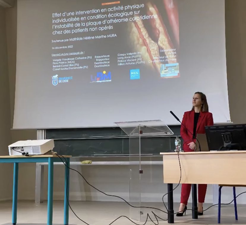 teamATPA's tweet photo. 👩🏼‍🎓CONGRATS 
Un immense bravo à @MuraMathilde2 de la @teamATPA qui a soutenu sa thèse hier sur l’effet d’une intervention en activité physique sur l’instabilité de la plaque d’athérome carotidienne chez des patients non opérés🔬

Travail encadré par Pr V Pialoux et le Pr A Millon https://t.co/FQ2zh51wkV