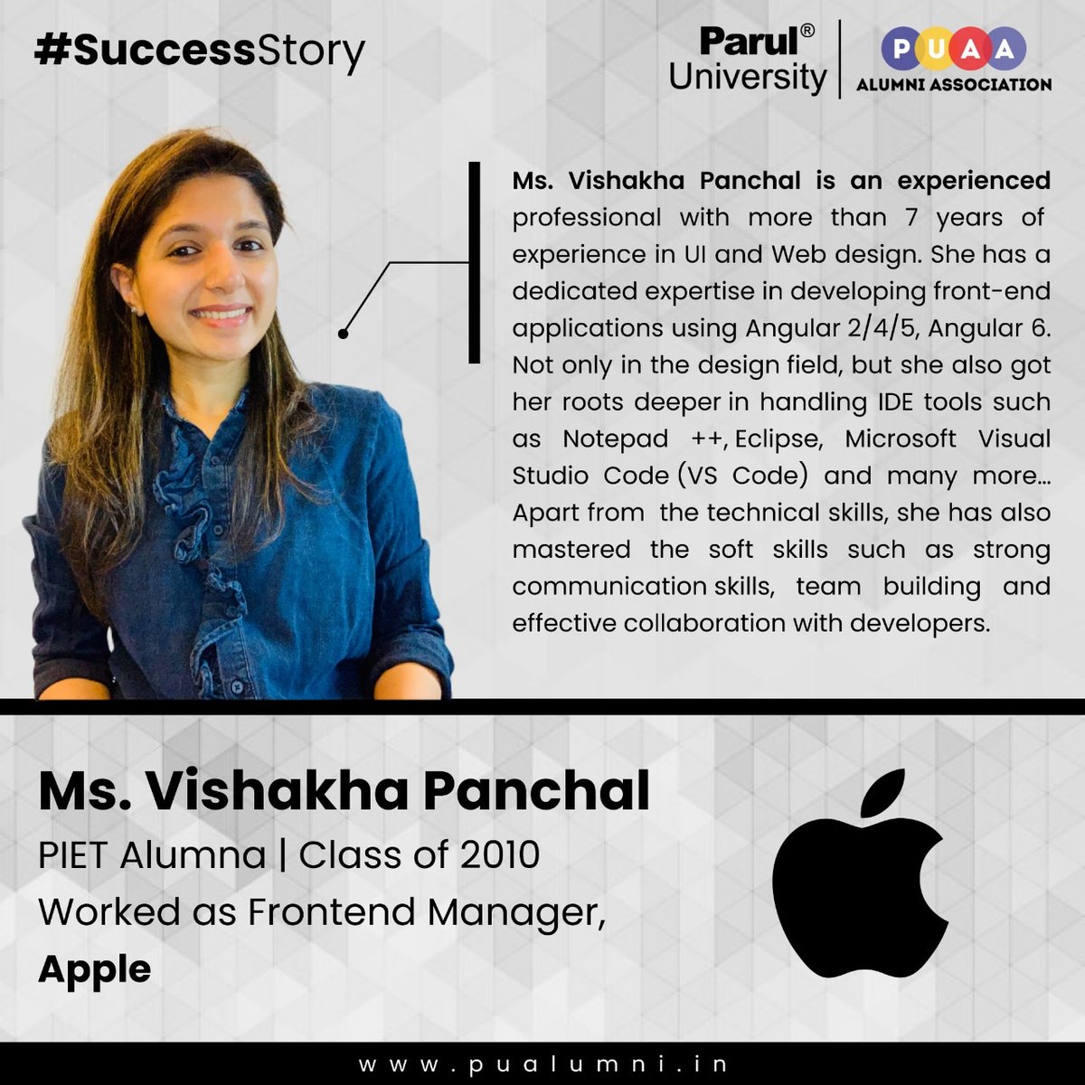ParulAlumni's tweet photo. Meet our prominent alumna, Ms. Vishakha Panchal, who's associated with #Apple as a Frontend Engineer, responsible for developing and designing visually appealing and cross-browser compatible User Interactive Interfaces.
#ProminentAlumni
#PUAlumniAssociation
#ParulUniversity https://t.co/SaYT1fdEwG