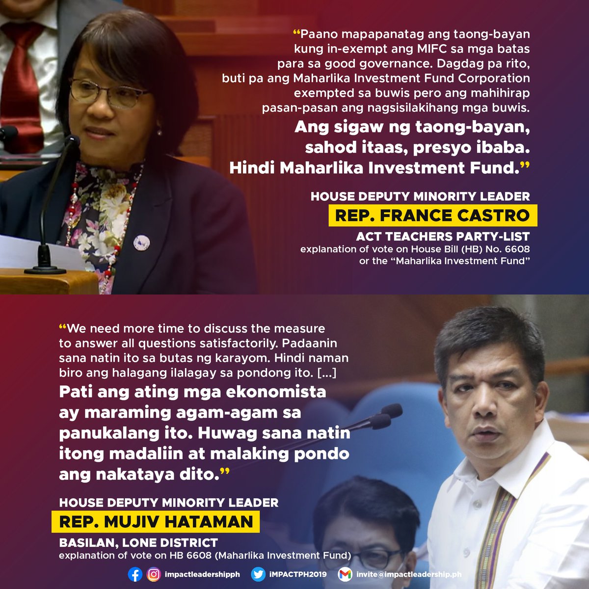 iMPACTPH2019's tweet photo. 'NO TO MAHARLIKA FUND'

The 6 lawmakers who voted "no" on House Bill (HB) No. 6608 or the "Maharlika Investment Fund Act" explain their vote.

https://t.co/1BN2eTryW2 https://t.co/ROXSgmVkfz