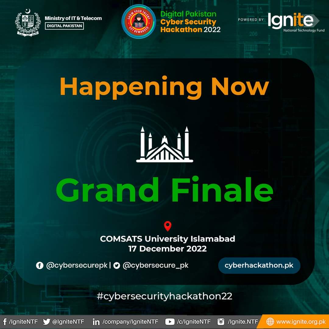 IgniteNTF's tweet photo. #HappeningNow - Grand Finale of Digital Pakistan Cybersecurity Hackathon 2022 organized by @IgniteNTF - @MoitOfficial at @CIITIslamabad
Pakistan's 2nd nationwide Cybersecurity Hackathon.
#MoITT #Ignite #cybersecurityhackathon22 #CSH2022 #IgniteCSH2022 https://t.co/pXglw1ezUy