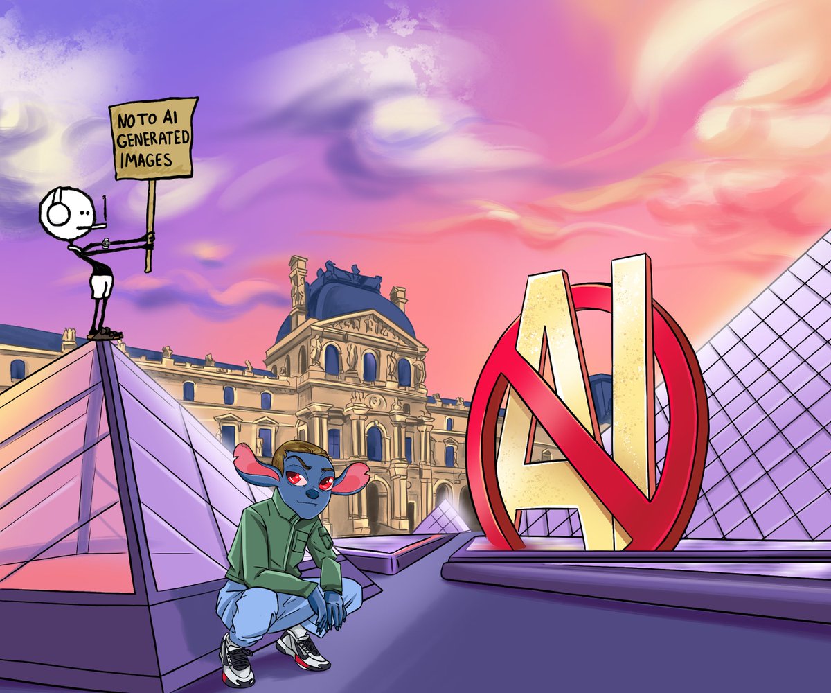 dowhataywant's tweet photo. #Mfers stand in front of the iconic Louvre Museum, a symbol of human art and culture. But with the AI logo looming nearby, we're reminded that technological progress is inevitable and can have consequences for designers and workers. 

Where are we going? 🚶‍♂️🍀🚬 https://t.co/dqYZmlahwR