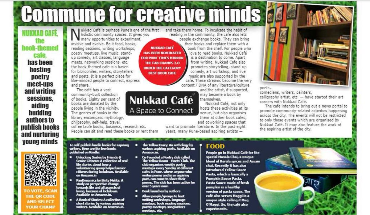 NukkadCafe's tweet photo. In today's Pune Mirror newspaper an article has been written about Nukkad Café, as it has been Nominated for Best Book Cafe in Pune city. This is the link, give a second to Vote Nukkad Café 
https://t.co/ZDaJNDz4ND 

#pune #punekar https://t.co/PpLJRplsIG