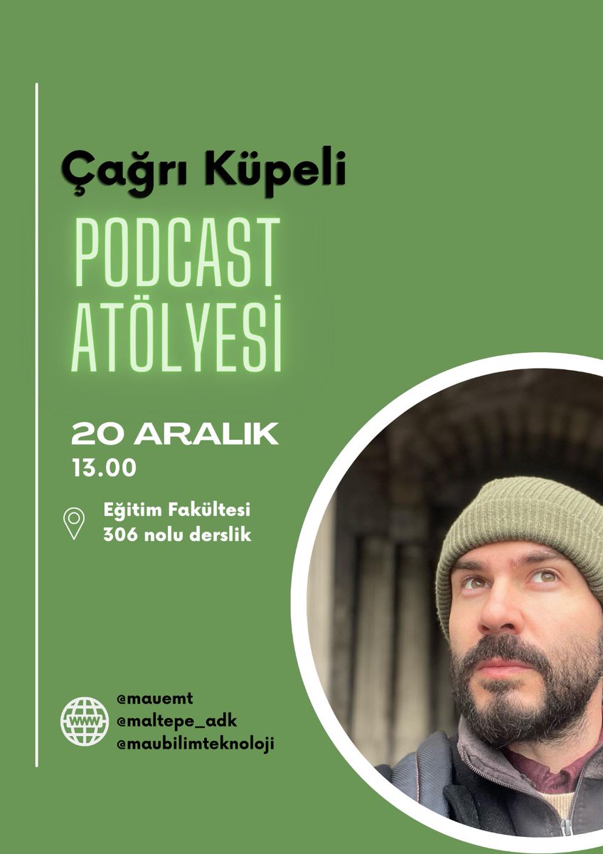 📢📢Yeni bir etkinlikle tekrar sizlerle buluşmanın mutluluğunu yaşıyoruz.

Podcast atölyesi kapsamında Çağrı Küpeli bizlerle birlikte olacak, deneyimlerini paylaşacak ve sizin sorularınızı cevaplayacak.

🚩20 Aralık Salı Saat 13.00
🚩 Eğitim Fakültesi 306 Numaralı Derslik