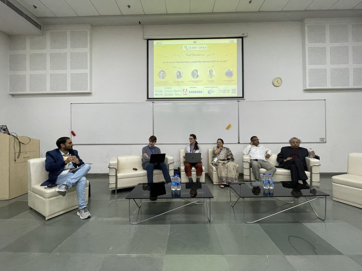 Vasudeva Varma (@devvarma) on Twitter photo Interesting panel discussion “in the era of transformers, would the classical NLP be at risk?” With Profs. Tim Baldwin, <a href="/xrysoflhs/">Maria Liakata</a> , Lipika Dey, Pushpak Bhattacharyya and Niladri Chatterjee moderated by <a href="/Tanmoy_Chak/">Tanmoy Chakraborty</a> #nlp #transformers Interesting panel discussion “in the era of transformers, would the classical NLP be at risk?” With Profs. Tim Baldwin, <a href="/xrysoflhs/">Maria Liakata</a> , Lipika Dey, Pushpak Bhattacharyya and Niladri Chatterjee moderated by <a href="/Tanmoy_Chak/">Tanmoy Chakraborty</a> #nlp #transformers