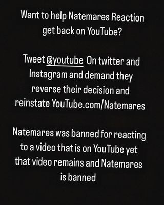 nathan__solo's tweet photo. @Natemares2 was banned from Youtube for the insane reason of reacting to a video that is on @YouTube - No strikes were given. 
#ReinstateNate #NatemaresReaction #Youtube
@TeamYouTube @YouTubeCreators https://t.co/5Wch58XDUf