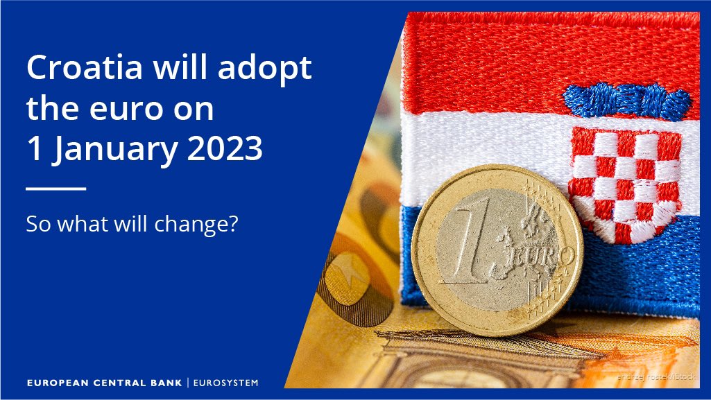 ecb's tweet photo. Croatia will adopt the euro on 1 January 2023. You can exchange up to 
100 kuna banknotes and 100 kuna coins per transaction, free of charge. 

Detailed terms of changeover https://t.co/TdwJABx45E https://t.co/kNjLXIn1Ey