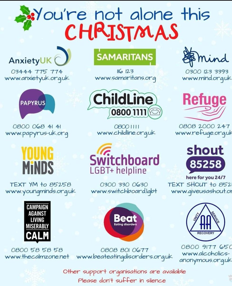 You are not alone...if you need their help, use it. They are there to help you x

@anxietyukofficial <a href="/mindcharity/">Mind</a> @samaritanscharity <a href="/youngmindsuk/">YoungMinds</a> <a href="/refugecharity/">Refuge</a> @beatedsupport @alcoholics_anonymous <a href="/papyrus_uk/">PAPYRUS</a> @childline_official <a href="/lgbtswitchboard/">Switchboard</a> <a href="/calm/">Calm</a> @giveusashoutinsta