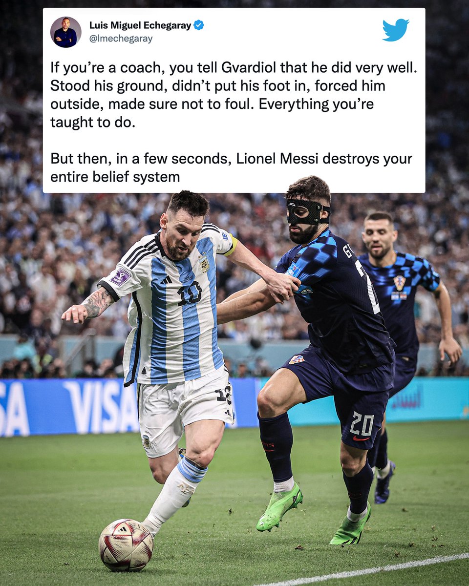 "But then, in a few seconds, Lionel Messi destroys your entire belief system"🐐⚽️

BET NOW on 🇭🇷 vs. 🇲🇦 match for Third place <a href="/FIFAWorldCup/">FIFA World Cup</a>  👉 beta.tendiebets.io

#defitheodds #tendiebets #worldcup