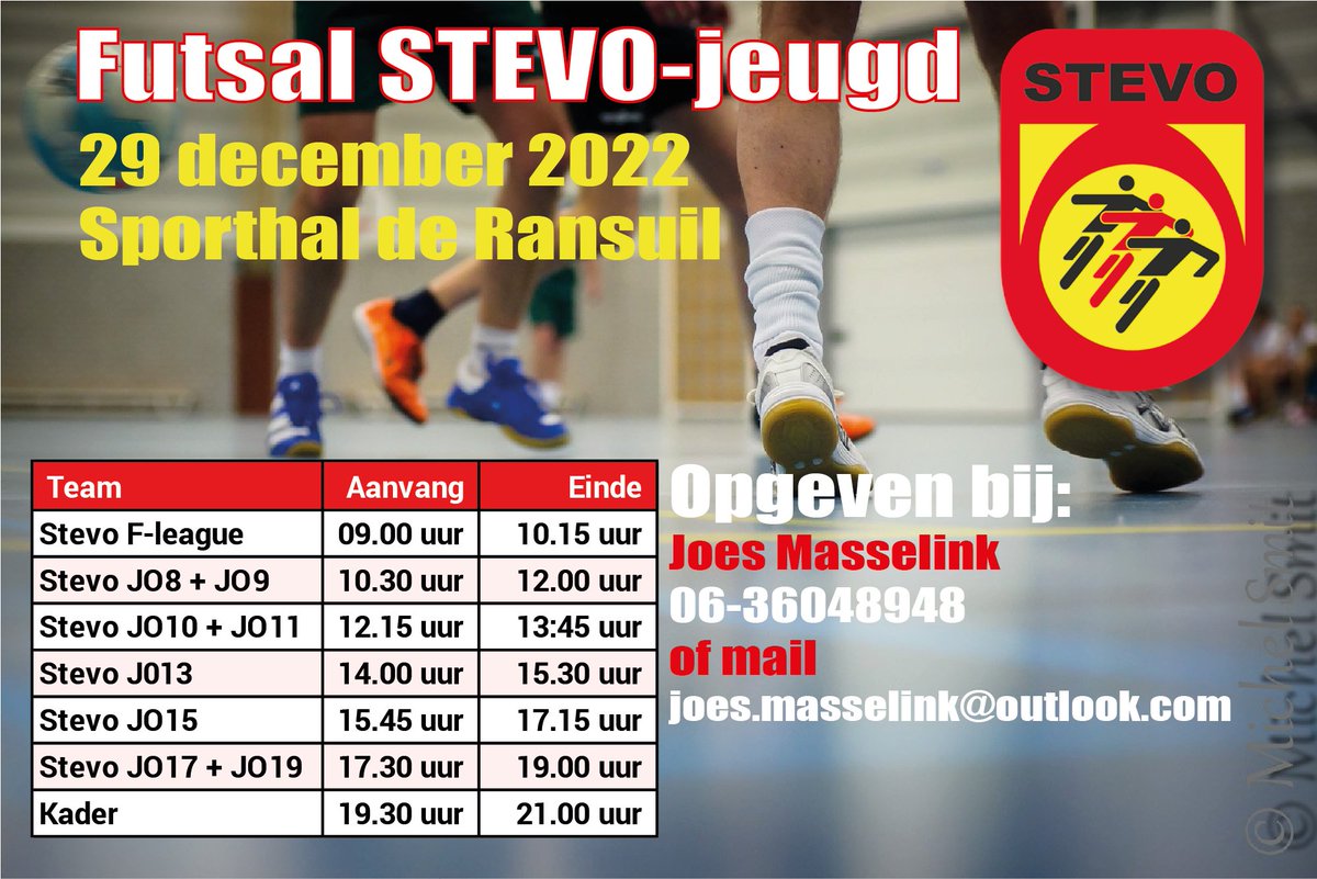 FUTSAL STEVO-jeugd 2022

Ook dit jaar organiseert Stevo voor weer het jaarlijkse Midwinter zaaltoernooi voor de Stevo Jeugd en Kader. Dit maal vindt het toernooi plaats op donderdag 29 december 2022 van 09.00 uur tot 21.00 uur in ... Lees meer: stevo.nl/home-nieuws/fu…