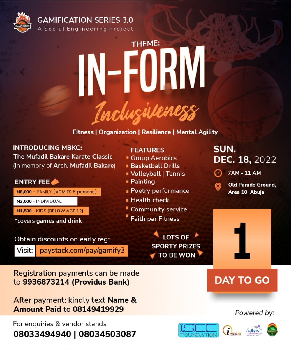 ISEEFOUNDATION's tweet photo. It's a day to D-Day.

You can still get discounted prices  for an unforgettable experience as we connect to FAITH, FITNESS and FUN as a FAMILY.

Come get IN-FORM. #Gamification https://t.co/diuPHSbpVB