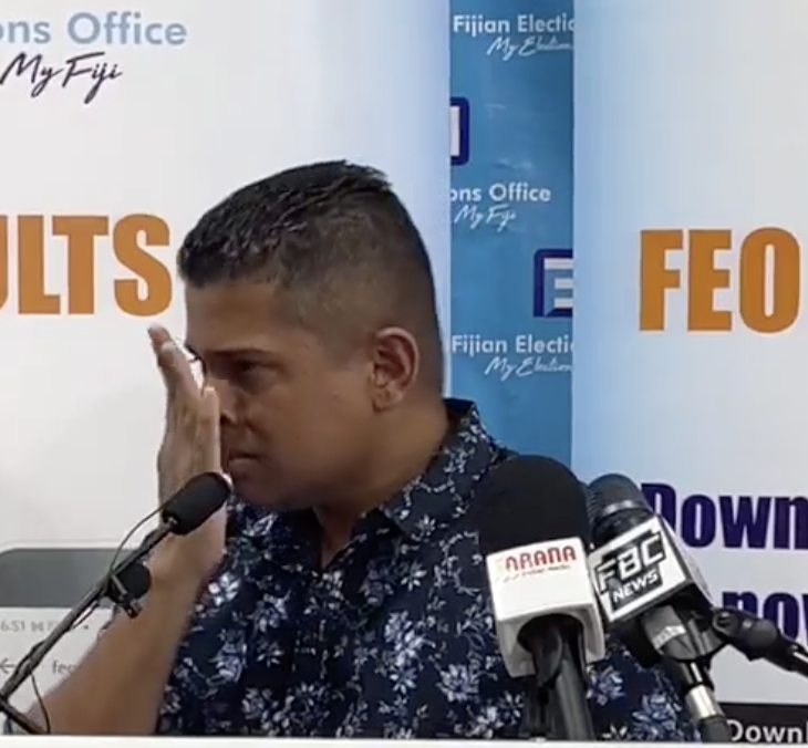 MichaelFieldNZ's tweet photo. Fiji election supervisor Mohammed Saneem Trump: “It will become a Donald Trump situation in Fiji....  Donald Trump has taught the whole world a lesson.” Asked what he meant: “That’s for you to Google… Donald Trump discredited an election and then he won.” https://t.co/hsnwMma1KM