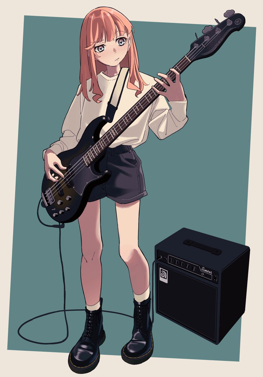 1girl solo instrument guitar shorts holding long hair  illustration images