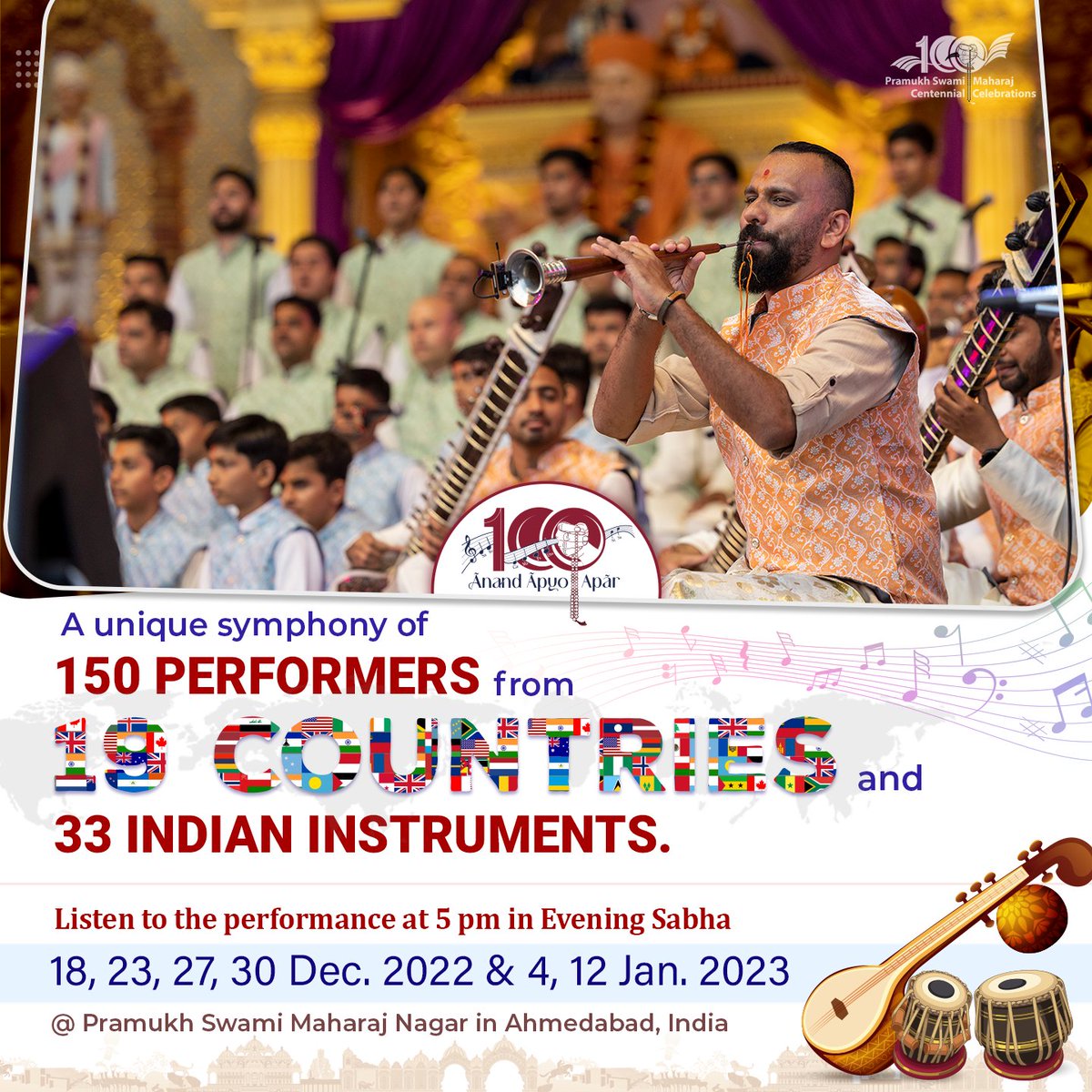 BAPSEvent's tweet photo. A unique symphony of 150 performers from 19 countries and 33 Indian instruments. https://t.co/KNSxqYvOd3