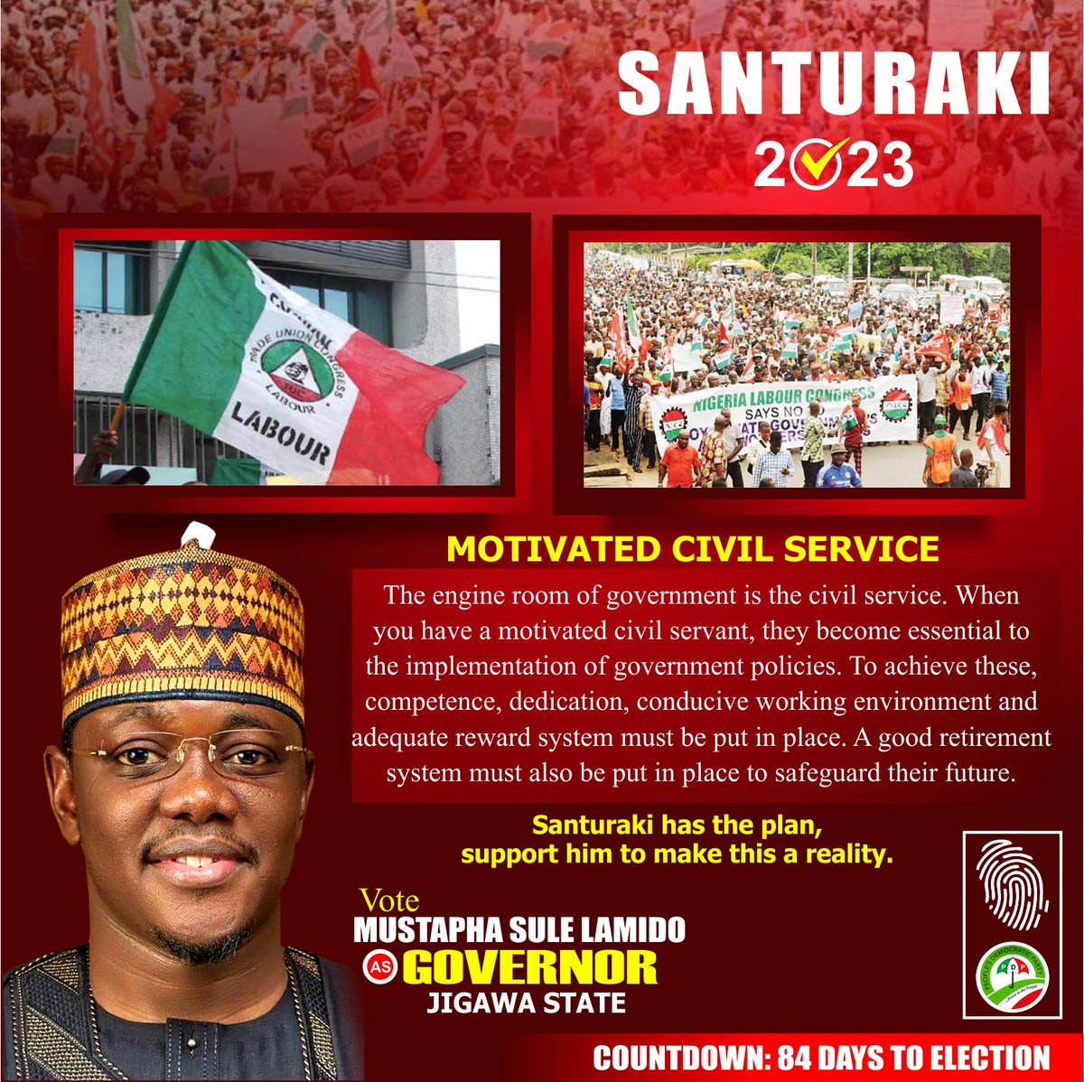 MSLAMID0's tweet photo. We shall count on a motivated civil service to implement our manifesto. Their welfare shall not be taken for granted. #84Days #GobeTaAllahCe https://t.co/wg88PktKC6