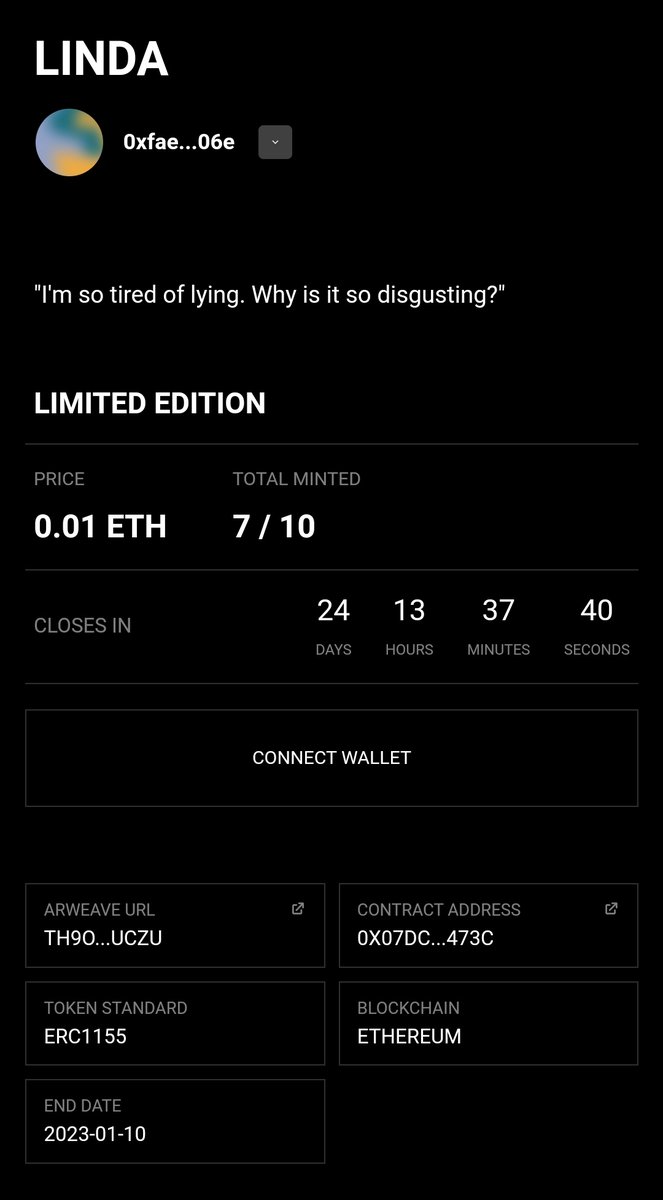 📣Fam, only 3 mint left🔥

■□■□■□■□■
0.01 ETH mint
♾️Endless fall on purses. 

▪️Linda▪️
"I'm so tired of lying. Why is it so disgusting?"
🔗app.manifold.xyz/c/DarknessWith…
#NABU #KatoOGgo #artannashnft