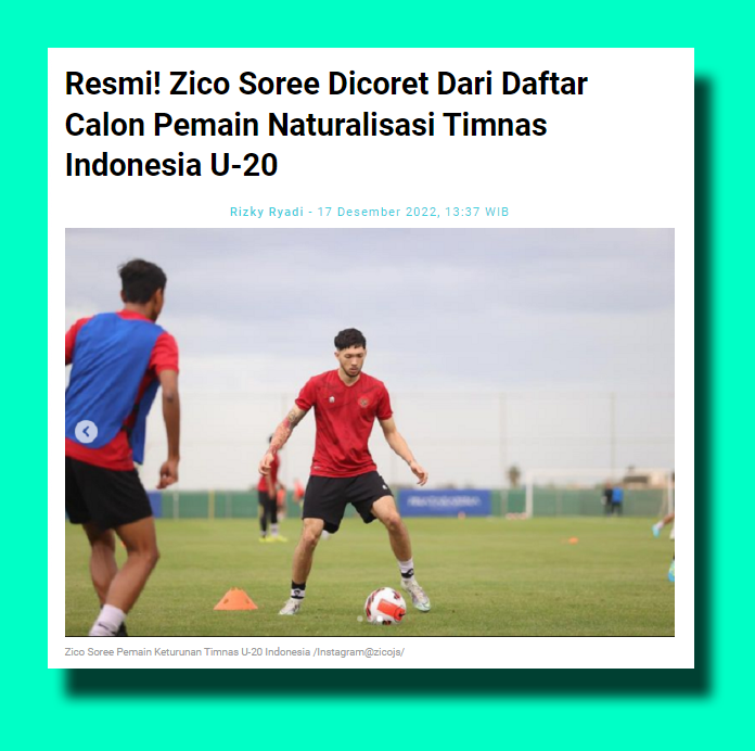 JournalisSocmed's tweet photo. Zico Jamai Soree atau biasa Dipanggil Zico Soree dipastikan akan dicoret dari daftar pemain naturalisasi Timnas Indonesia U-20.

Hal itu dikonfirmasi oleh Direktur Teknik PSSI, Indra Sjafri yang dilansir dari akun Instagram @lingkarfootball, Sabtu (17/12/2022). https://t.co/fIZ6PFxw0w