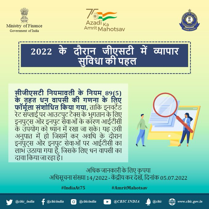 PIBHindi's tweet photo. #EaseOfDoingBusiness की दिशा में एक और क़दम - सीजीएसटी नियमावली के नियम 89(5) के तहत धन वापसी की गणना के लिए फॉर्मूला संशोधित किया गया

#NotJustFinance #5YearsofGST
@FinMinIndia https://t.co/5QcDMbFot3
