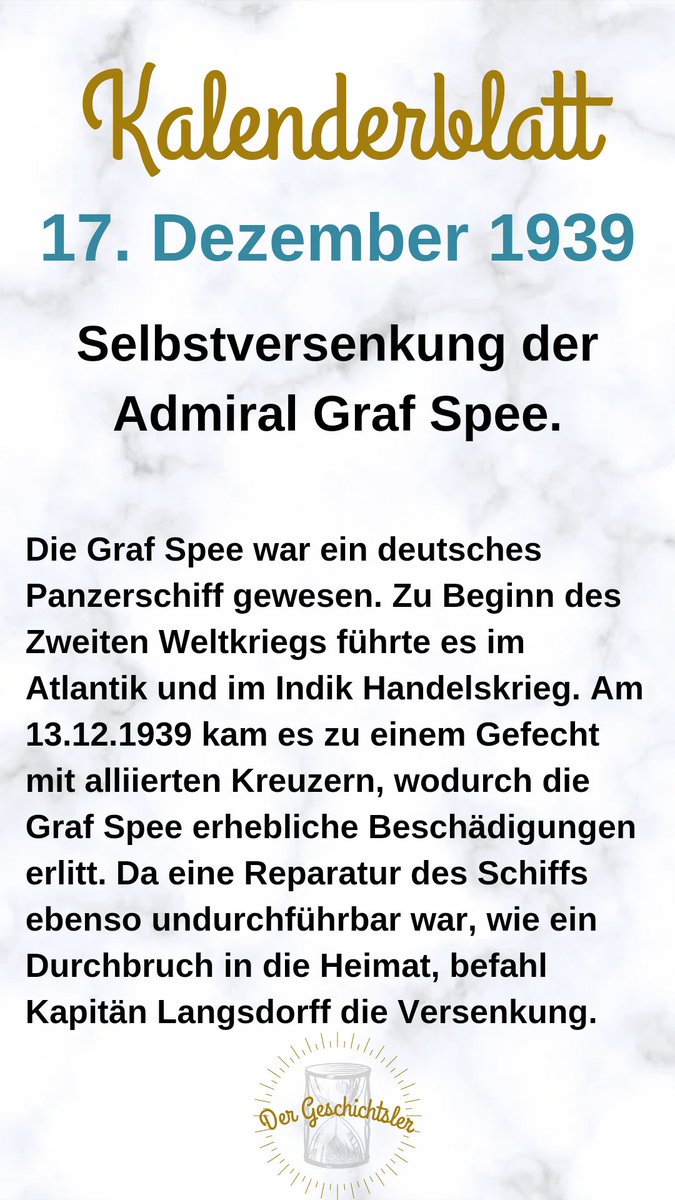 Vor 83 Jahren versenkte sich das deutsche #Panzerschiff #AdmiralGrafSpee vor #Uruguay selbst.
#heutevor #onthisday
#spaßmitgeschichte