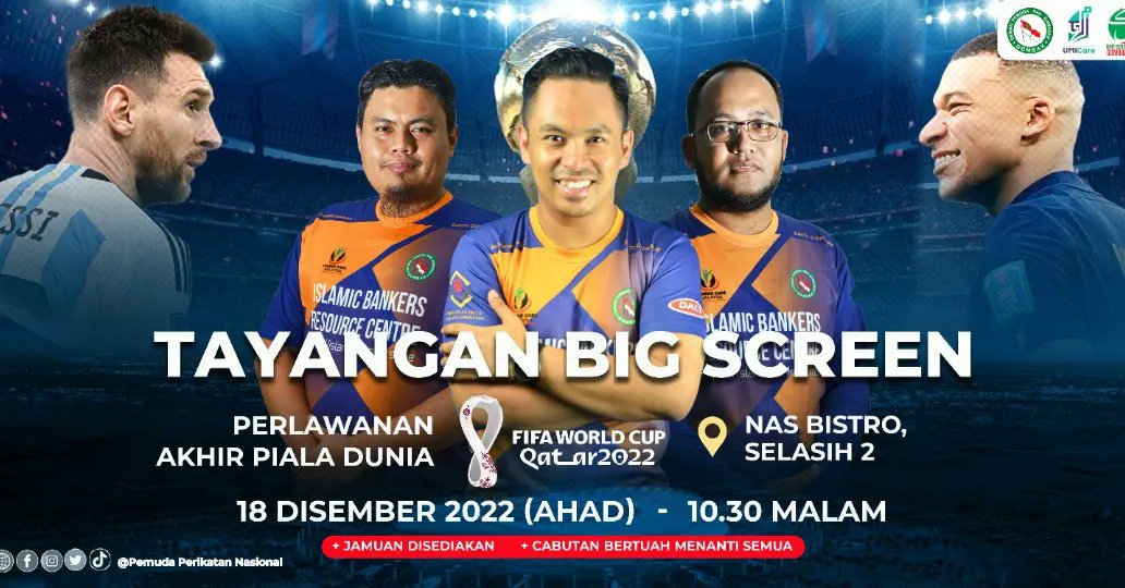 gombakbak's tweet photo. 📆 Tarikh: 18/12/22 (Ahad)
⏰ Masa: 10.30 malam
📌 Bertempat di 2 lokasi iaitu:
1. Nas Bistro, Selasih 2.
2. Perkarangan Pejabat PN Gombak, Urban 360, Sri Gombak.
🎊 Jom ramai-ramai‼️
☕ Jamuan ringan turut disediakan 😋
#BigScreen
#FinalFifa
#WorldCupQatar2022 https://t.co/wAZGpUI5A3