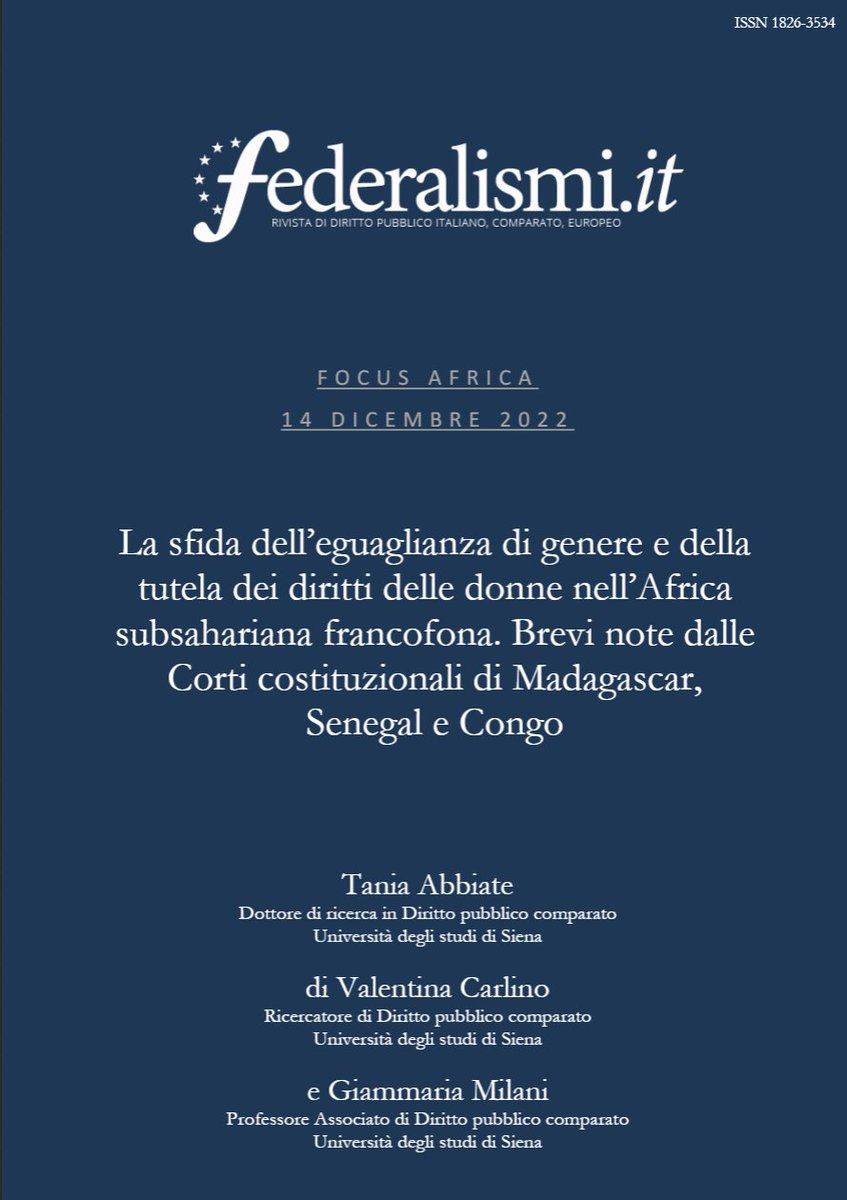 dipecsiena's tweet photo. The new issue of the Review "Federalismi, Focus Africa", is now online! 

Among the contributions, three works of DIPEC members, available at https://t.co/D2eZBdI6Y2

#africanconstitutionalism #africanlaw https://t.co/853O3xKLsb