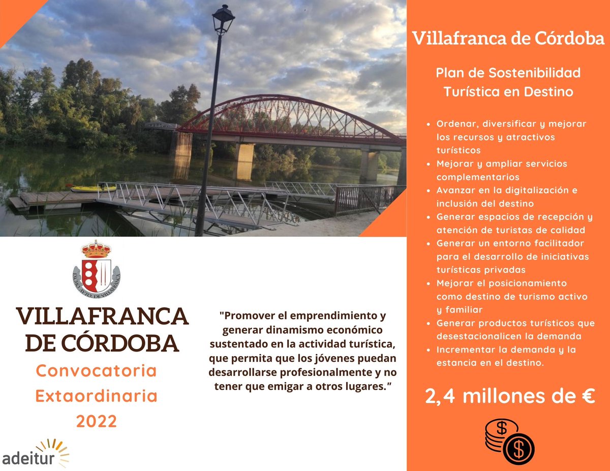 adeitur's tweet image. El PSTD de Villafranca de Córdoba es beneficiario de 2,4 M€ y servirá para promover el emprendimiento y generar dinamismo económico sustentado en la actividad turística, que permitirá que los jóvenes puedan desarrollarse profesionalmemte y no tener que emigrar
@AytoVillafranca