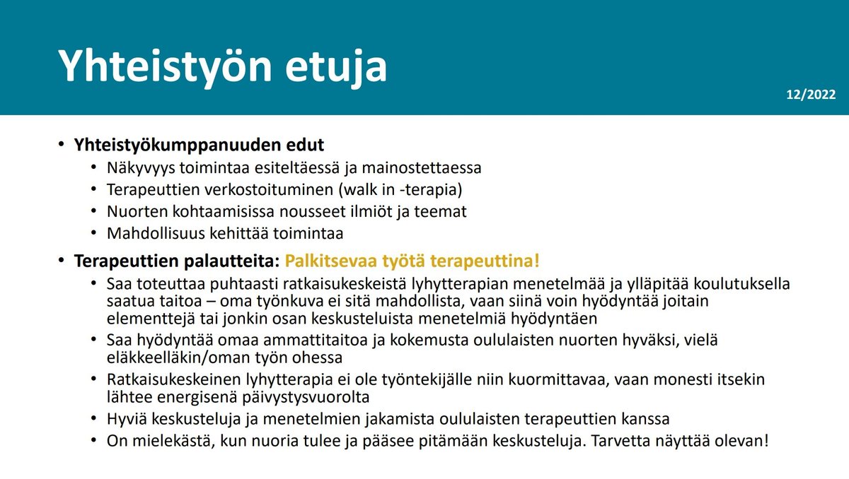 PiritaSatomaa's tweet photo. Walk in -terapia on pysyvää toimintaa Oulussa.
Ajanvarauksellinen lyhytterapia Byströmin Ohjaamossa kaipaa terapeutteja jatkuvuuden varmistamiseksi!
❤️‍🩹📢
Olisitko sinä tai/ja työnantajasi kiinnostunut? #yhteistyö
#psykoterapeutti #ratkes #lyhytterapeutti myös #vapaaehtoistyö https://t.co/RbLGNFIeNO