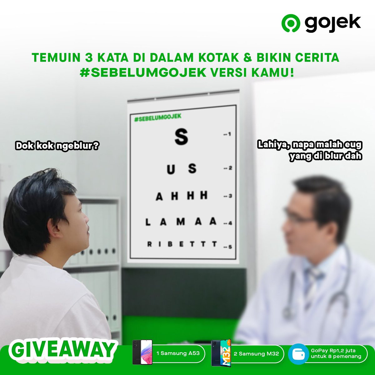 🚨[GIVEAWAY]🚨

Mau tahun baru, ada hadiah buat kamu!
1 Samsung A53, 2 Samsung M32 dan GoPay Rp1,2 juta😆

Temuin 3 kata dan ceritain pengalaman #SebelumGojek kamu!

Cara lengkap:
- Follow <a href="/gojekindonesia/">Gojek Indonesia</a>
- Pake hashtag #SebelumGojek, mention 3 temen
- Love, RT dan reply post ini