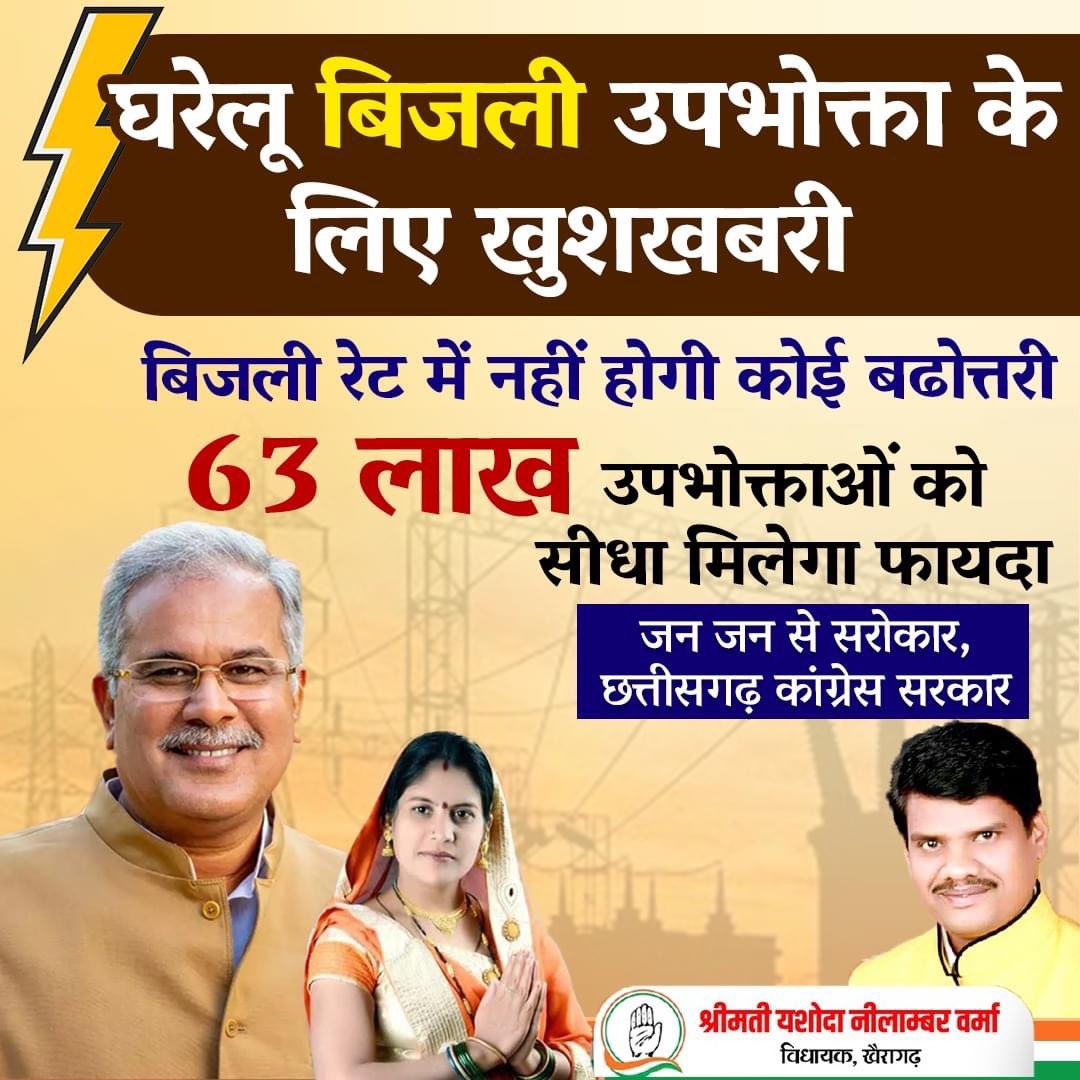 प्रदेश की जनता को राहत पहुंचाने के लिए घरेलू बिजली के रेट में नहीं हुई कोई बढ़ोत्तरी. प्रदेश के 63 लाख परिवारों को मिला सीधा फायदा. छत्तीसगढ़ की जनता तक सुविधाएं पहुंचाने के लिए भूपेश सरकार वचनबद्ध है. 
विकास की बहार है। छत्तीसगढ़ में कांग्रेस की सरकार है. <a href="/INCChhattisgarh/">INC Chhattisgarh</a>