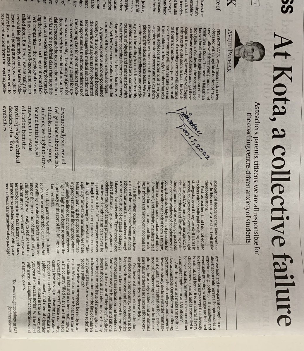 DiwakarSharmaa's tweet photo. You can’t afford to miss this brilliant piece on coaching factories that rob young and adolescent students of their joy. At #Kota, a collective failure. A MUST read article. Thank you, #AvijitPathak sir for the article. #JNU #sociology https://t.co/DDZwA4ZiFp