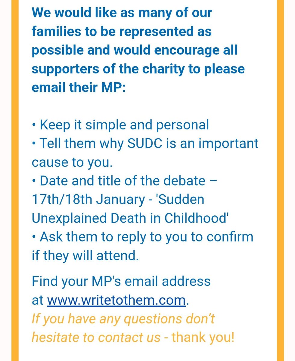 A parliamentary debate about #sudc will happen on 17th or 18th Jan 2023. This will hopefully encourage national medical education, research, and improvement in public information. Please write to your MP and ask them to attend. For Alexander, and all the other children. <a href="/SUDCUK1/">SUDC*UK</a>
