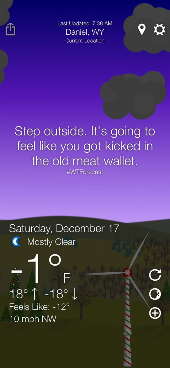 RanaePape's tweet photo. Step outside. It’s going to feel like you got kicked in the old meat wallet. 

Best weather app to make you smile on a crappy day 🙂🙃🙂🙃
#WTForcast #cold https://t.co/KJ7opwn6QA