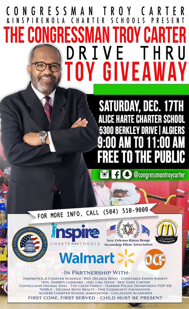 DeeBoydBroker's tweet photo. Join us this morning from 9am-11am for our Drive Thru Toy Giveaway at Alice Harte Charter School 5300 Berkley Dr. Word has it that Santa will make an appearance this morning!

#delishadelivers #staterepdelishaboyd #delishaboydllc #toygiveaway #HappyHolidays #santaclaus https://t.co/knsEGVqF65