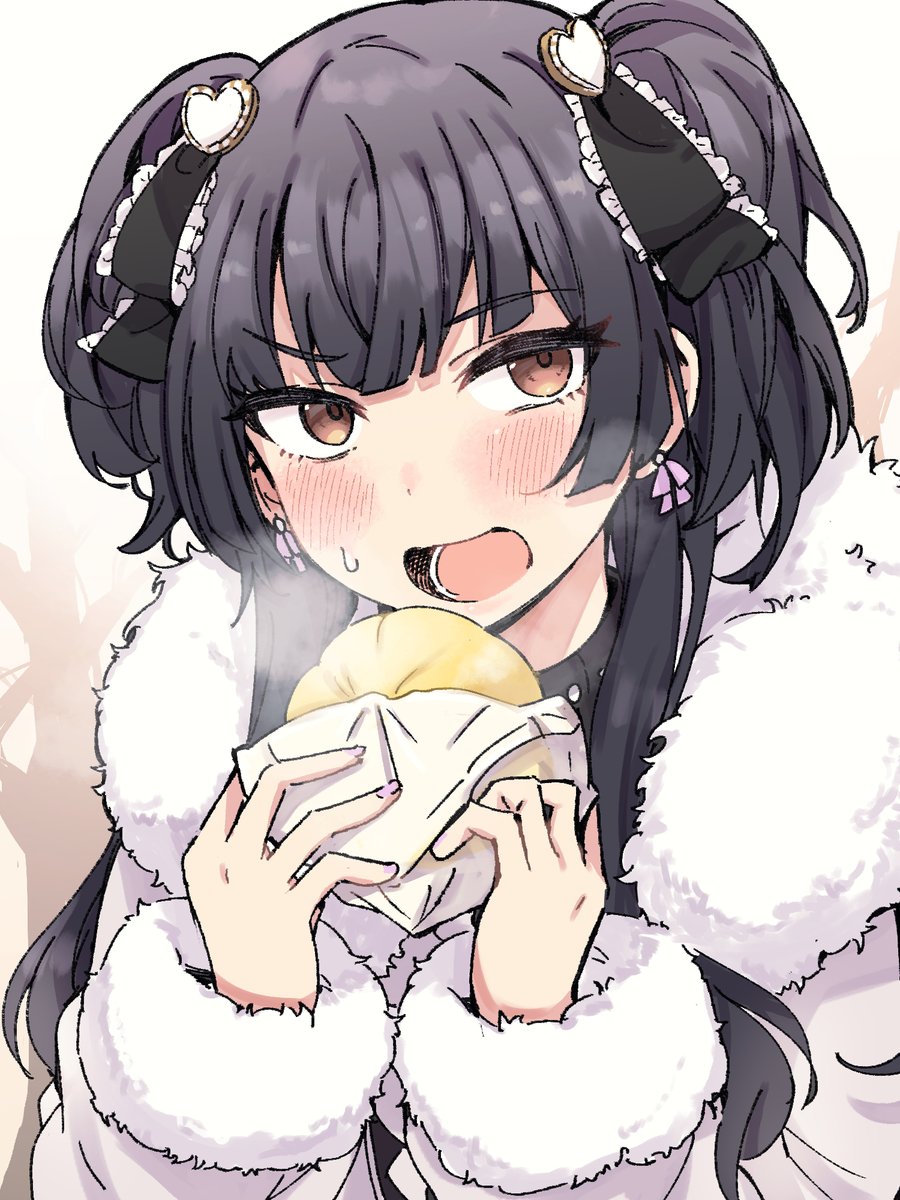 mayuzumi fuyuko 1girl food solo black hair blush open mouth fur trim  illustration images