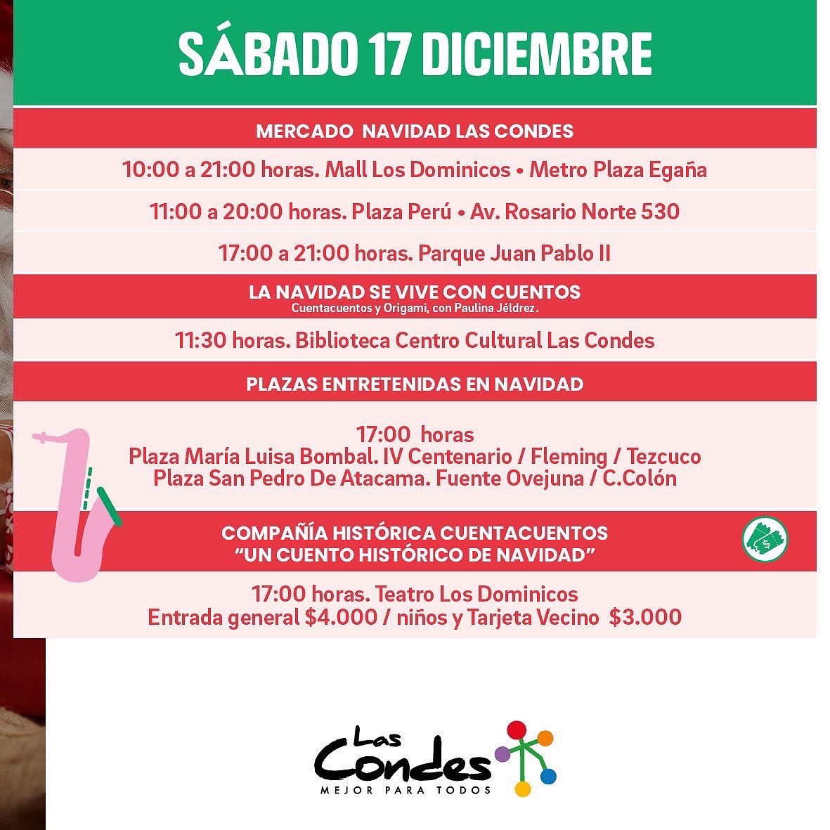 Muni_LasCondes's tweet photo. Acá te dejamos todas las alternativas navideñas para hoy sábado 17 de diciembre 💫

⭕️IMPORTANTE: En este momento la calidad del aire en Las Condes es bueno, de todos modos estaremos monitoreando la situación durante el día y cualquier cambio será comunicado oportunamente. https://t.co/f9MkjhlP5a