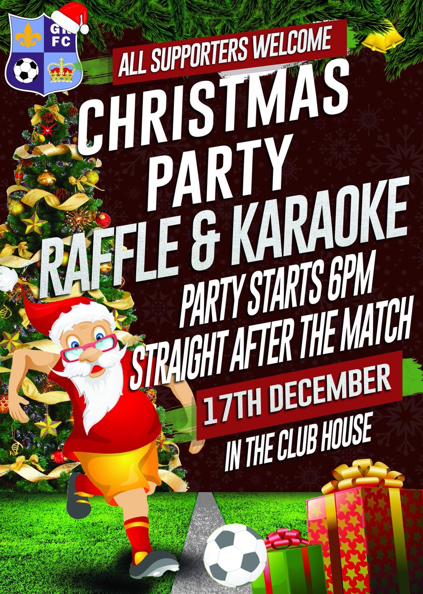 Don’t forget it’s the club Christmas party tonight, starts at 6pm &amp; still some tickets on sale for the Xmas Raffle when you get there 🎄🎄🎄<a href="/HuntsFA/">Huntingdonshire FA</a> <a href="/GoddyU16/">Goddy Town U16</a> <a href="/GoddyEJAU14/">Godmanchester Town U14 EJA 22/23</a> <a href="/GoddyNews/">Godmanchester Rovers News</a> <a href="/GoddytownEJAu11/">@Godmanchester Town EJA U16</a> <a href="/GoddytownEJAu11/">@Godmanchester Town EJA U16</a> <a href="/GoddyTownEJAU13/">Godmanchester Town U14 EJA 2021/22</a> <a href="/GoddyTownEJA/">Godmanchester Town EJA U16 2021/22</a> <a href="/goddyeja2223/">Godmanchester Rovers EJA U15 24/25</a> <a href="/GoddyTownEJAU16/">Godmanchester Town EJA U16 2022-23</a>