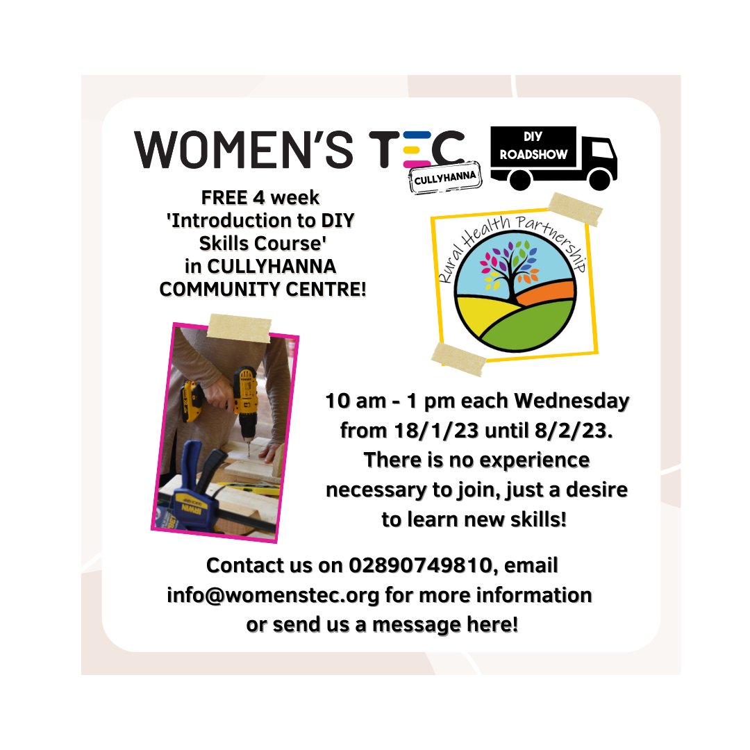 womenstec's tweet photo. We are delighted to be working with the @rhpsa02 in our next WOMEN’STEC DIY Roadshow course - a free 4-week ‘Introduction to DIY Skills Course’ starting on 18/1/23 in Cullyhanna Community Centre! #womenstec #diycourse #learndiy #womenstec #notjustforboys #diyclass #cullyhanna https://t.co/i9wFnzeF12