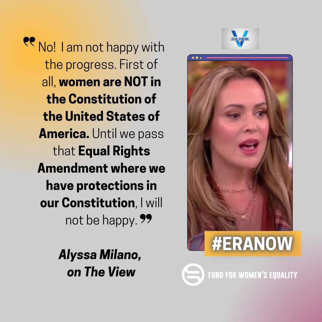 4womensequality's tweet photo. I mean, are you happy with the #metoo movement? It is truly difficult to feel fully protected as a woman in the U.S. WITHOUT the ERA in the Constitution - wouldn't you agree?
Thank you @Alyssa_Milano for all your work for #womensequality everywhere! #ffwe https://t.co/C7w4xvqZV9