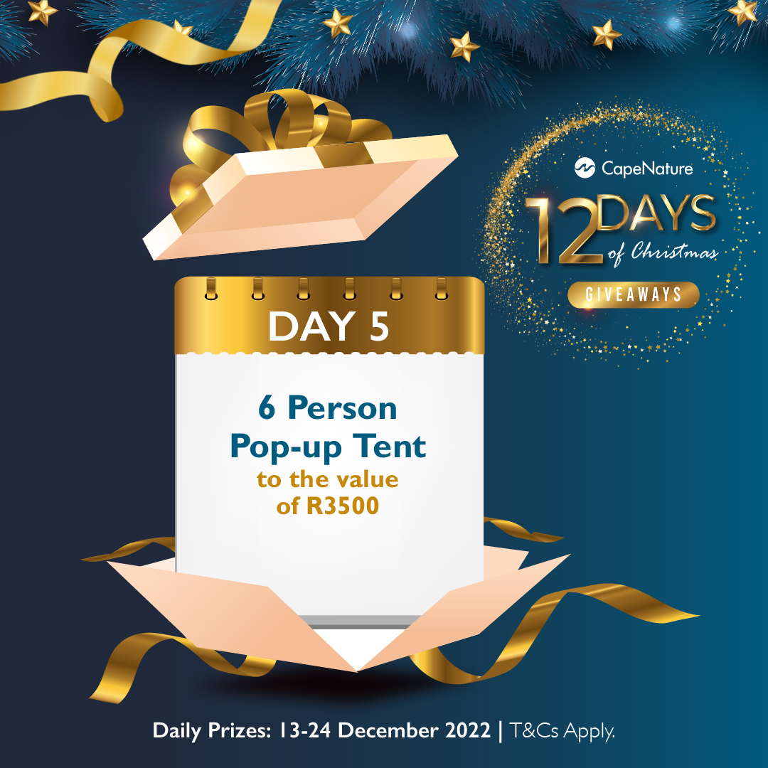 CapeNature1's tweet photo. DAY 5: WIN 6 Person Pop-Up Tent from Cape Union Mart to the Value of R3 500

Follow these steps: 🎅 Like, Comment, &amp; Share 
🎅Follow CapeNature 🎅Subscribe to the CapeNature newsletter 

Winners will be announced weekly. T&amp;Cs apply* 

#ChristmasWithCapeNature https://t.co/dmHGfkG1eS