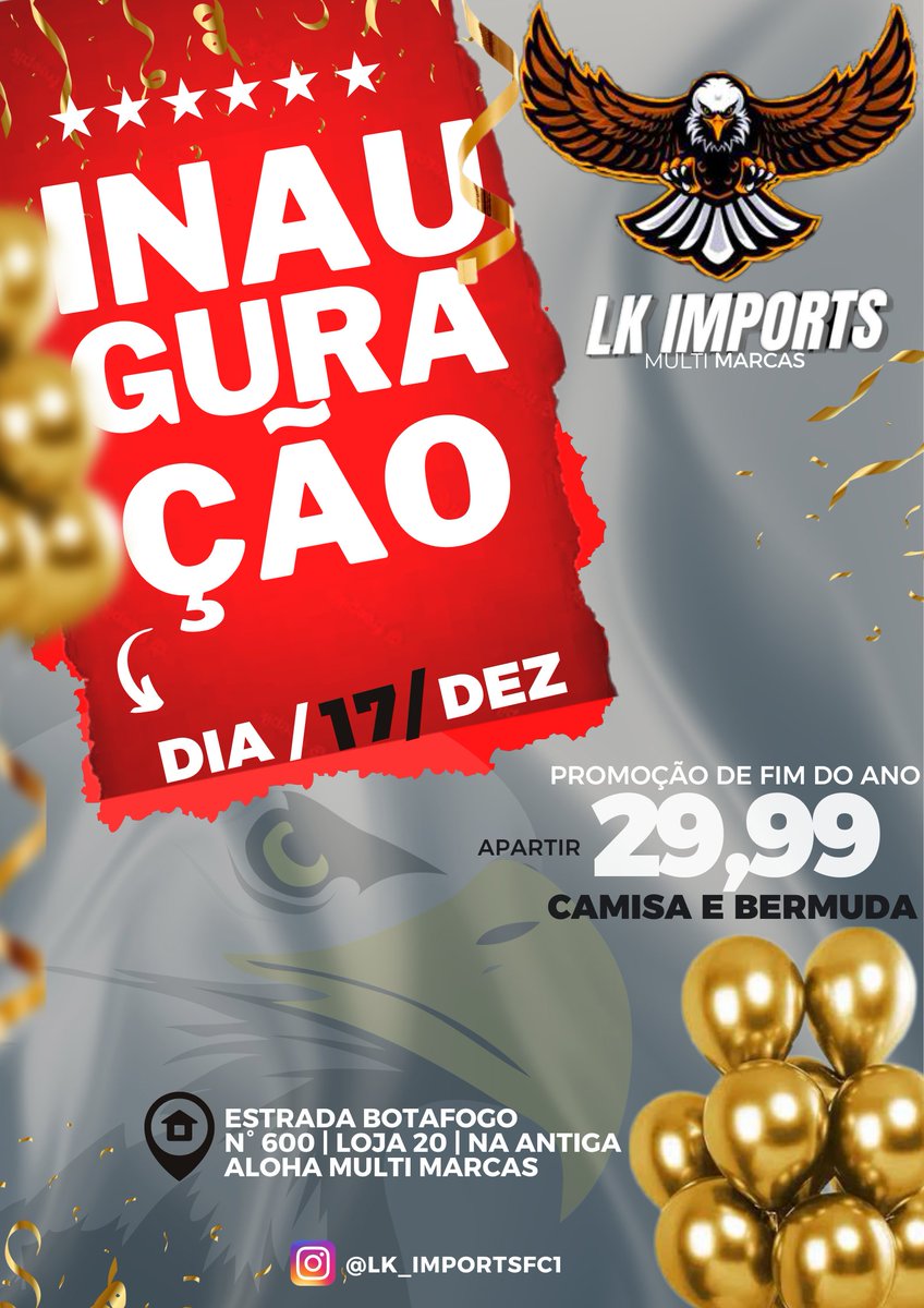 ● HOJE INAUGURAÇÃO DA LOJA DO MANO, SÓ CHEGAR QUE VAI TA OS PREÇOS TUDO ACESSIVEL PRA VOCÊ GARANTIR SEU TRAJE DE FIM DE ANO, SÓ PEÇA BOA DE QUALIDADE PANO BOM 💪🦅✅👕🩳🔥💫  

  | ESTRADA BOTAFOGO NUMERO 600 LOJA 20
NA ANTIGA ALOHA MULTI MARCAS |.📍