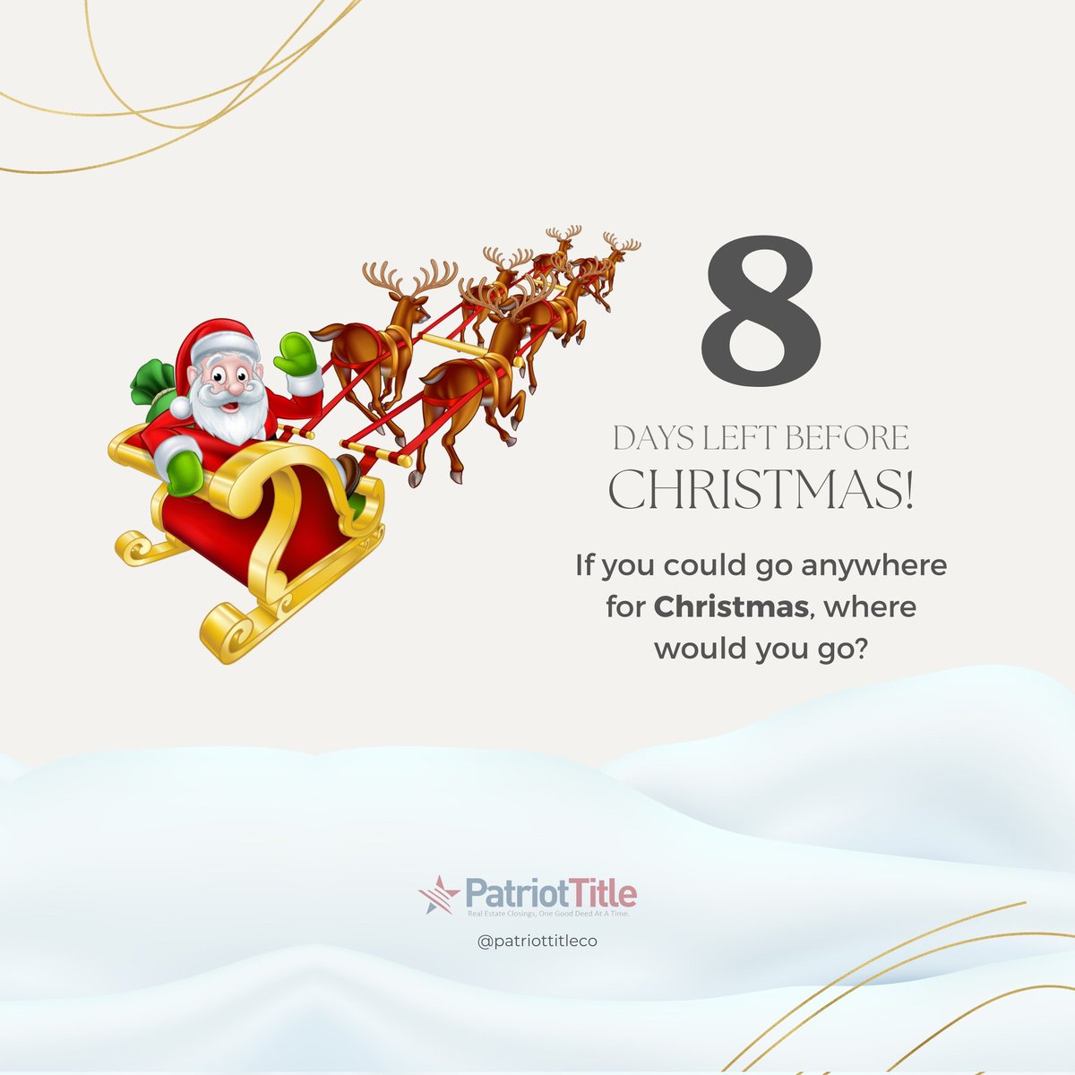 patriottitleco's tweet image. 8 more days to go! Do you have any bucket list for Christmas? 

.
.
.
.

For your closing and escrow needs, please email info@patriottitletx.com

#patriottitletx #goodmorning #saturday #christmasseason #christmascountdown #countdown #holidays #realestate