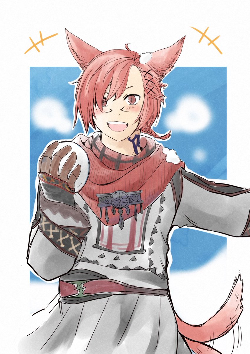 neck tattoo red hair animal ears scarf 1boy solo tail  illustration images