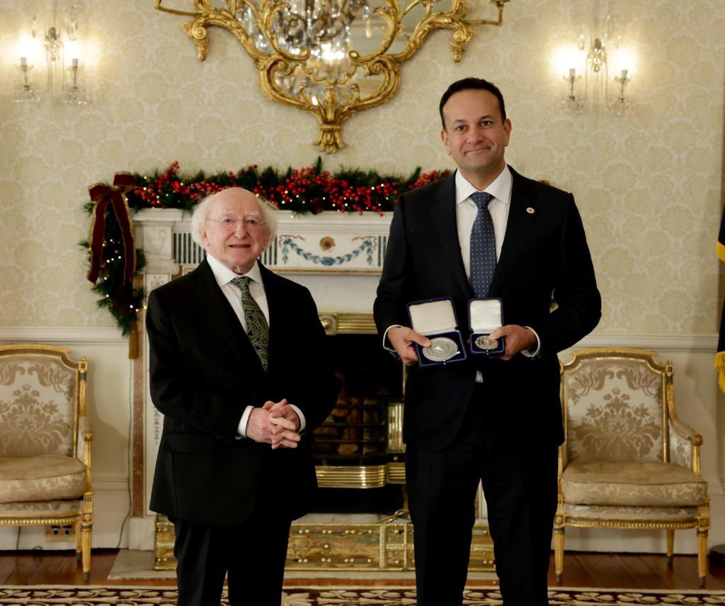 PresidentIRL's tweet photo. President Higgins this afternoon signed the Warrant of Appointment and presented the seal of the Taoiseach and seal of the Government to Taoiseach Leo Varadkar https://t.co/3Gi0yw7Bqk