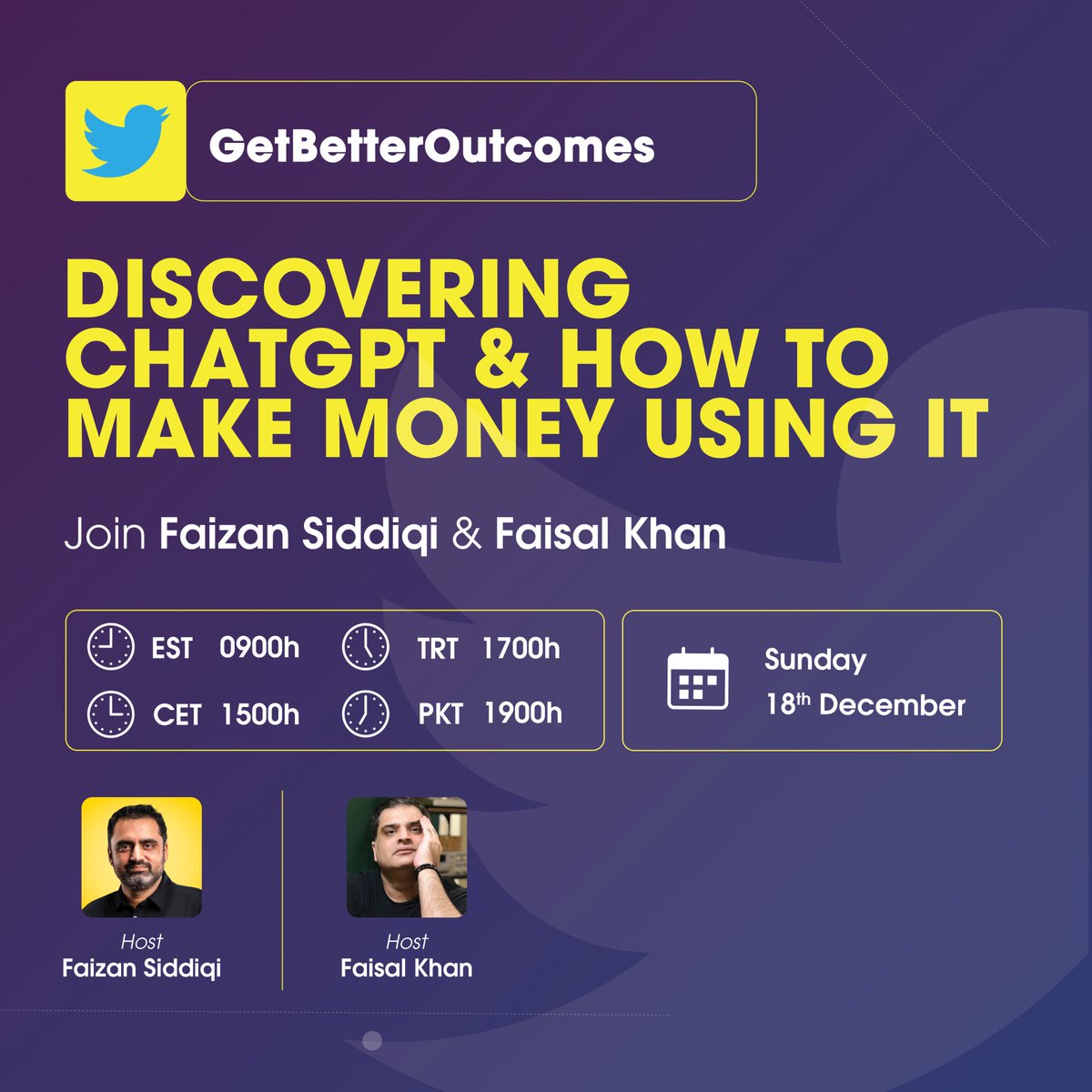 GBOxyz's tweet photo. Join @faizansiddiqi and @babushka99 this Sunday, 18th December 2022 where they'll talk about discovering ChatGPT &amp; how to make money using it!

Tune into the live session from this Twitter Space: 
https://t.co/0Vy5mFrDi4 https://t.co/4WCzaL1NcF