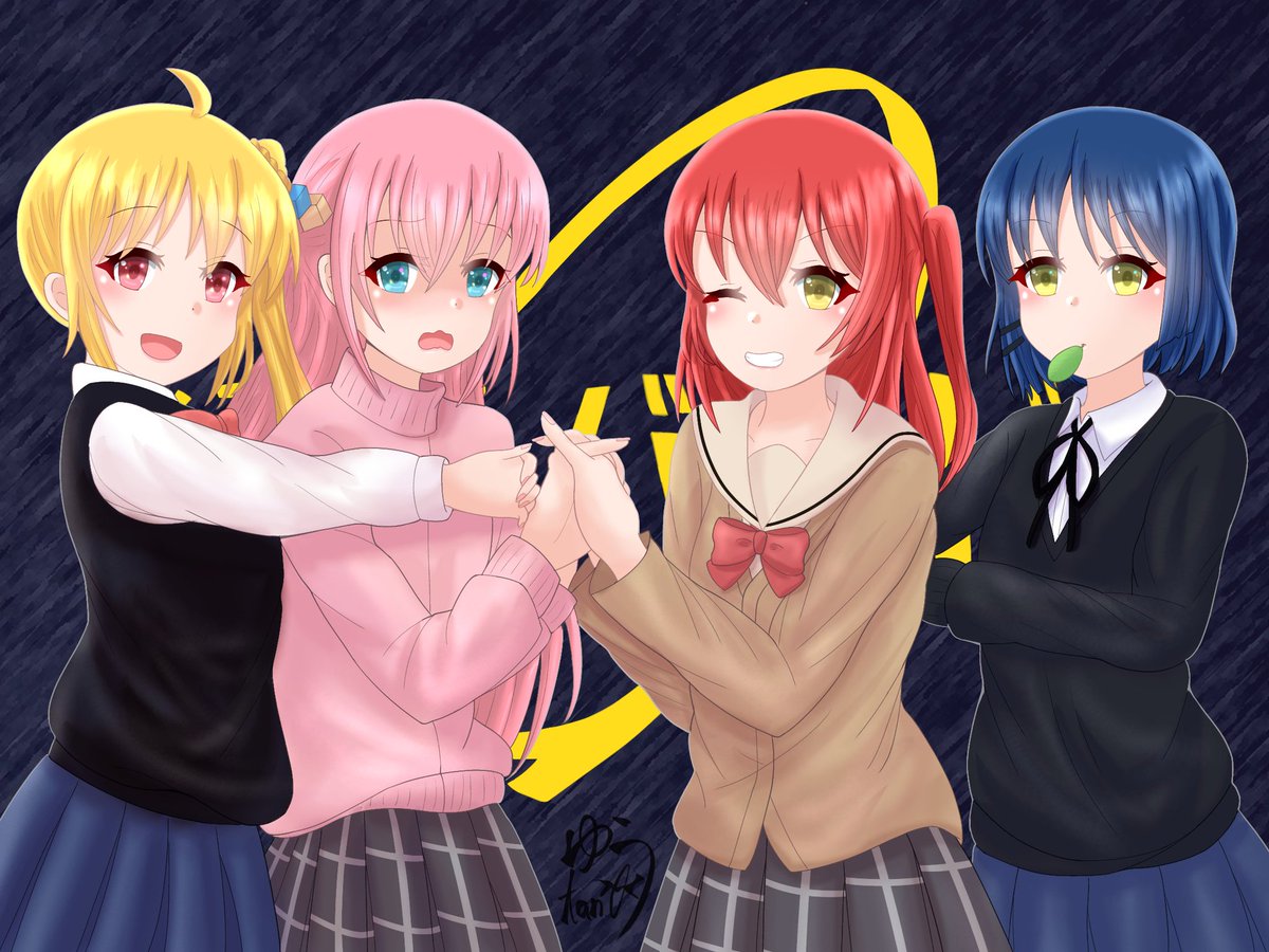 gotou hitori ,ijichi nijika multiple girls 4girls red hair cube hair ornament pink hair school uniform long hair  illustration images