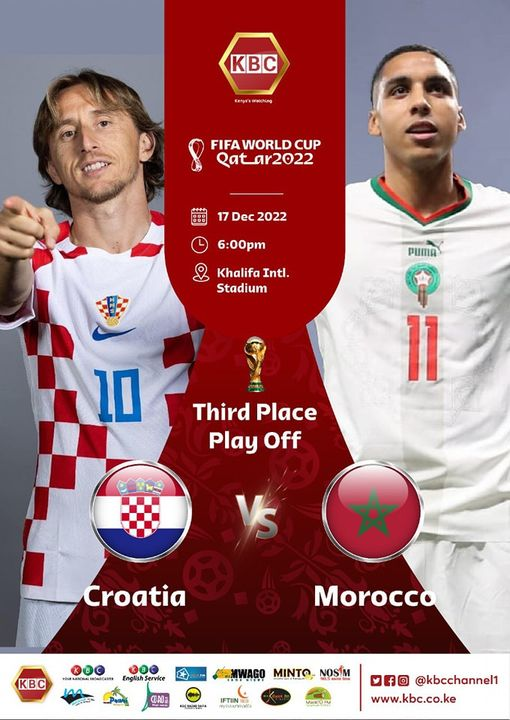 6pm      Croatia  vs  Morocco
Nani unamuona katika nafasi ya tatu?
Jiunge nami nikiwa na Mwalimu Kombo kwa matangazo bomba ndani ya @RADIOTAIFAFM  #WCikoKBC #WorldCupIkoKBC