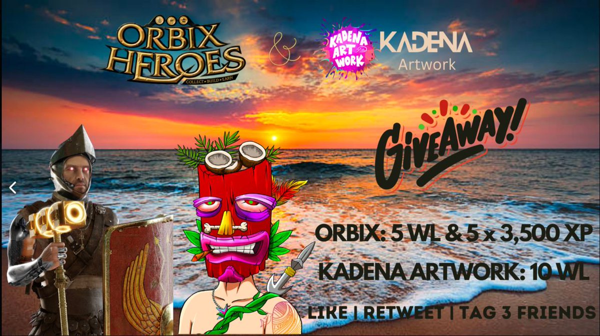 Giveaway with Kadena Artwork 🥳

This time we got 5 WL &amp; 5 x 3,500 XP from <a href="/OrbixHeroes/">Orbix Heroes</a> and 10 WL from <a href="/KadenaArtWork/">Kadena Artwork MINT LIVE</a>!

Requirements:
🖱Follow <a href="/OrbixHeroes/">Orbix Heroes</a> &amp; <a href="/KadenaArtWork/">Kadena Artwork MINT LIVE</a>
❤️Like
🌀Retweet
👥Tag 3 friends
⭐️Join the fam
dsc.gg/orbixheroes
discord.gg/J7Z9ZgeGwS