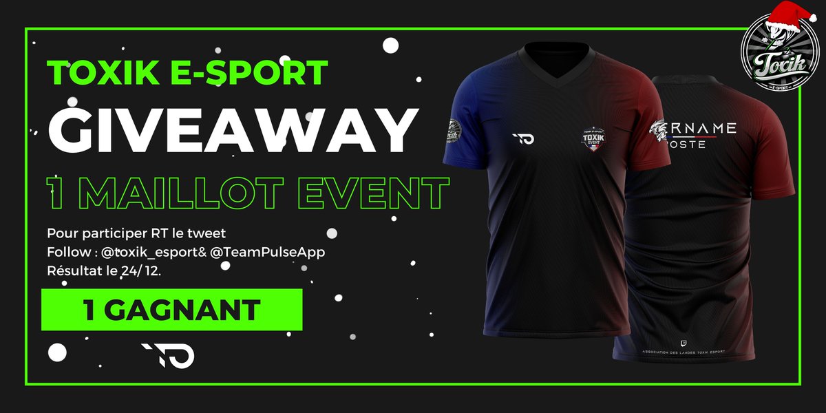 toxik_esport's tweet photo. salut la commu on lance un Giveaway juste avant les fêtes on vous fait gagner 1 maillot Event.
 
Pour participer :

🔄#RT le tweet
⏩ Follow @toxik_esport &amp; @TeamPulseApp 

TAS le 24/12  21h30 sur la ToxikTv

lien : https://t.co/H7HMJ4r8mk

Bonne chance à tous.
@Cherche_1Groupe https://t.co/g9ElBiUmXy